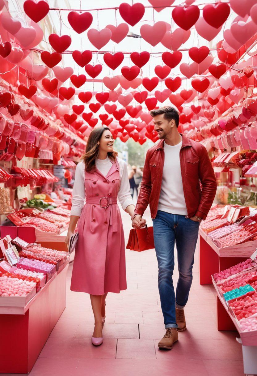 A whimsical market scene filled with colorful stalls displaying heart-shaped cards, cherry-red candies, and trendy clothes, illustrating a joyful couple shopping together. The ambiance radiates warmth and romance, with soft pinks and vibrant hues surrounding them, capturing the essence of retail therapy. Floating discounts and price tags hover playfully in the air, conveying the spirit of savings. Cartoonish style. bright pastel colors. cheerful atmosphere.