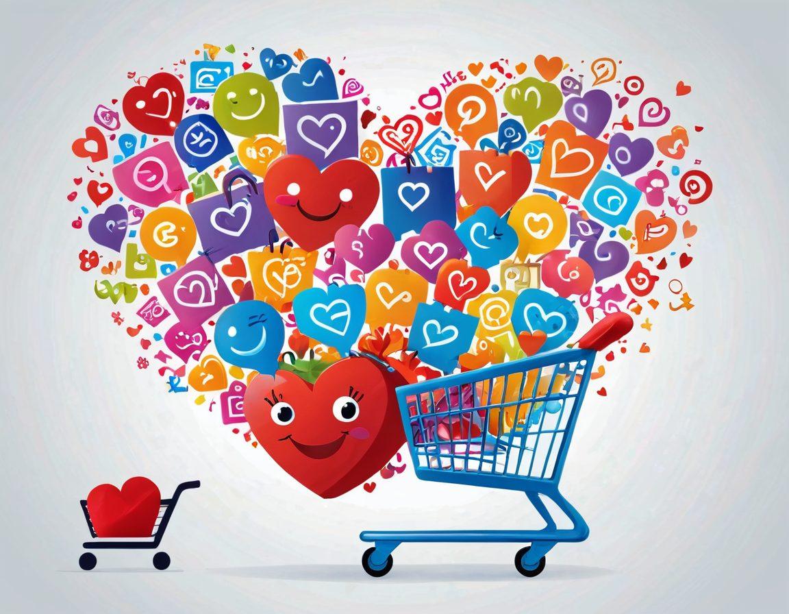 A whimsical illustration of a shopping cart navigating a colorful maze filled with heart-shaped discounts and cheerful customers exploring bright e-commerce storefronts. Include elements like virtual shopping bags and smiling faces to convey customer excitement. The atmosphere should be vibrant and inviting, radiating the thrill of savings in an interconnected digital world. bright colors. vector art. playful style.