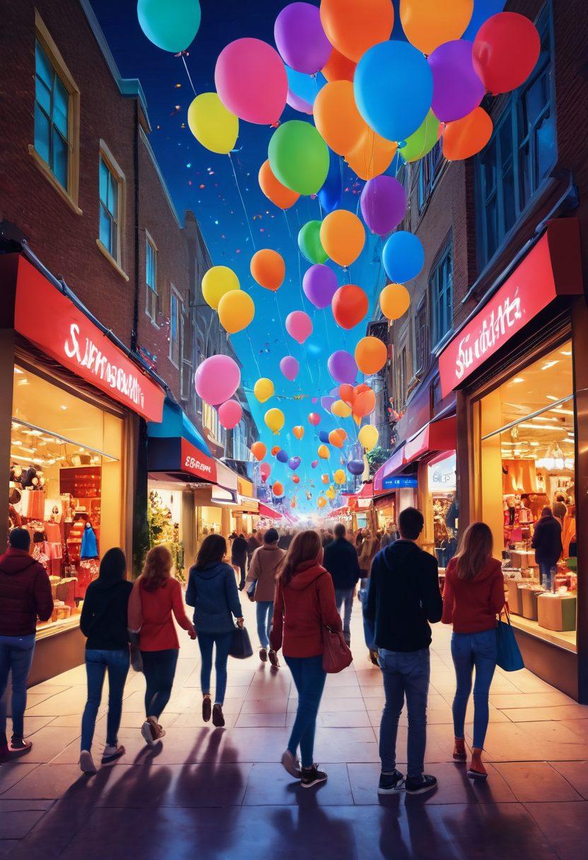 A vibrant shopping scene filled with excited shoppers exploring a bustling market adorned with colorful sale signs and discounted items. Showcase a diverse group of people joyfully interacting, surrounded by overflowing shopping bags, heart-shaped balloons, and sparklers to symbolize passion. Bright, warm colors radiate from the scene, emphasizing the thrill of deals. Include elements of online shopping like mobile phones displaying discounts. cartoon style. vibrant colors. dynamic composition.